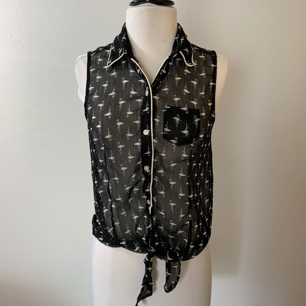 AMERICAN RAG Black Sheer Flamingo Blouse Size S